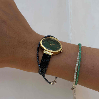 Nivada Dainty Watch: Ladies 70s Golden Emerald Dial Mechanical