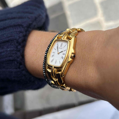 Pulsar by Seiko Tank Watch: Vintage Ladies 80s Golden with White Roman Dial