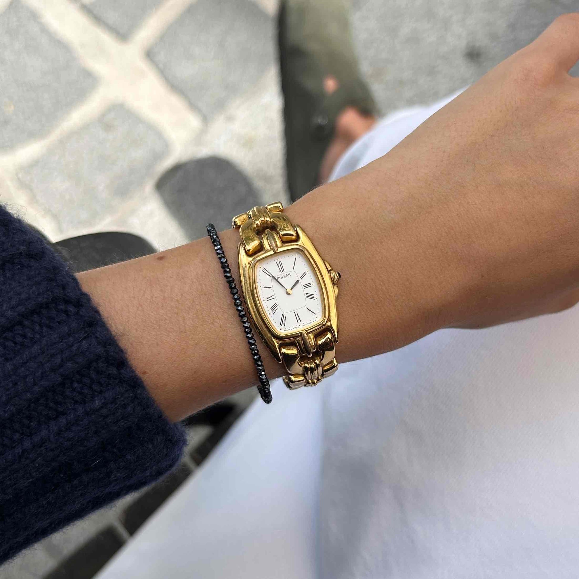 Pulsar by Seiko Tank Watch: Vintage Ladies 80s Golden White Roman