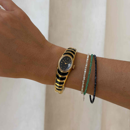 Yves Renaud Bangle Watch: Vintage Ladies 70s Golden with Black Dial