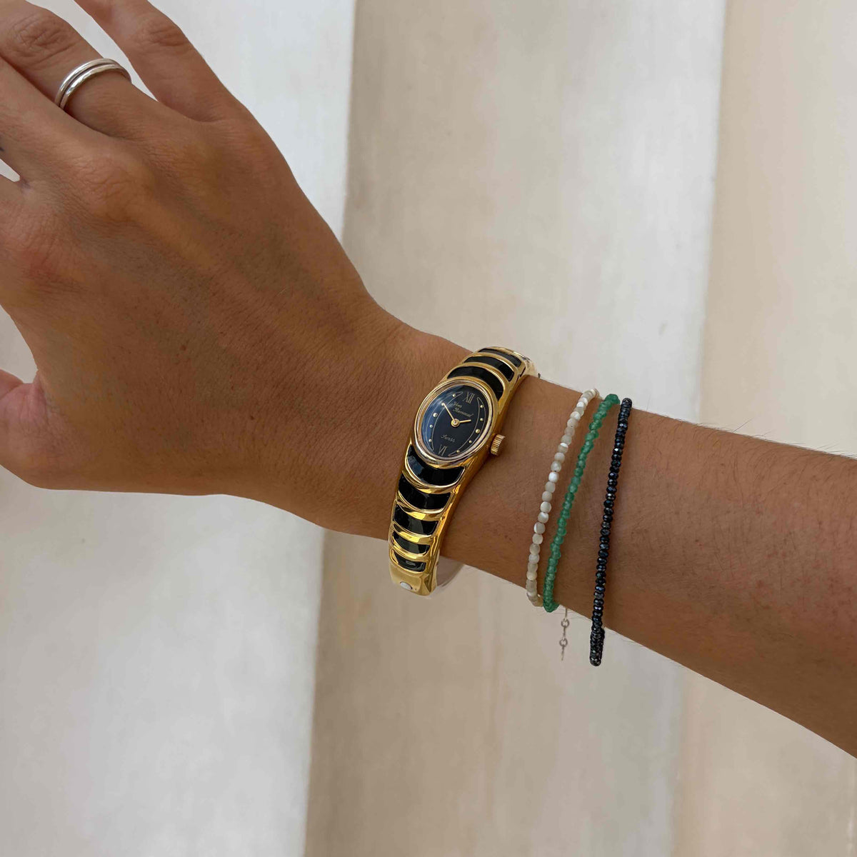 Yves Renaud Bangle Watch: Vintage Ladies 70s Golden with Black Dial