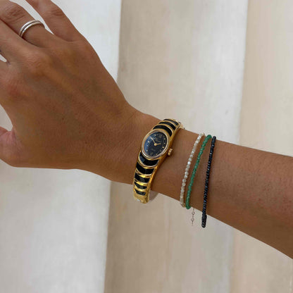 Yves Renaud Bangle Watch: Vintage Ladies 70s Golden with Black Dial