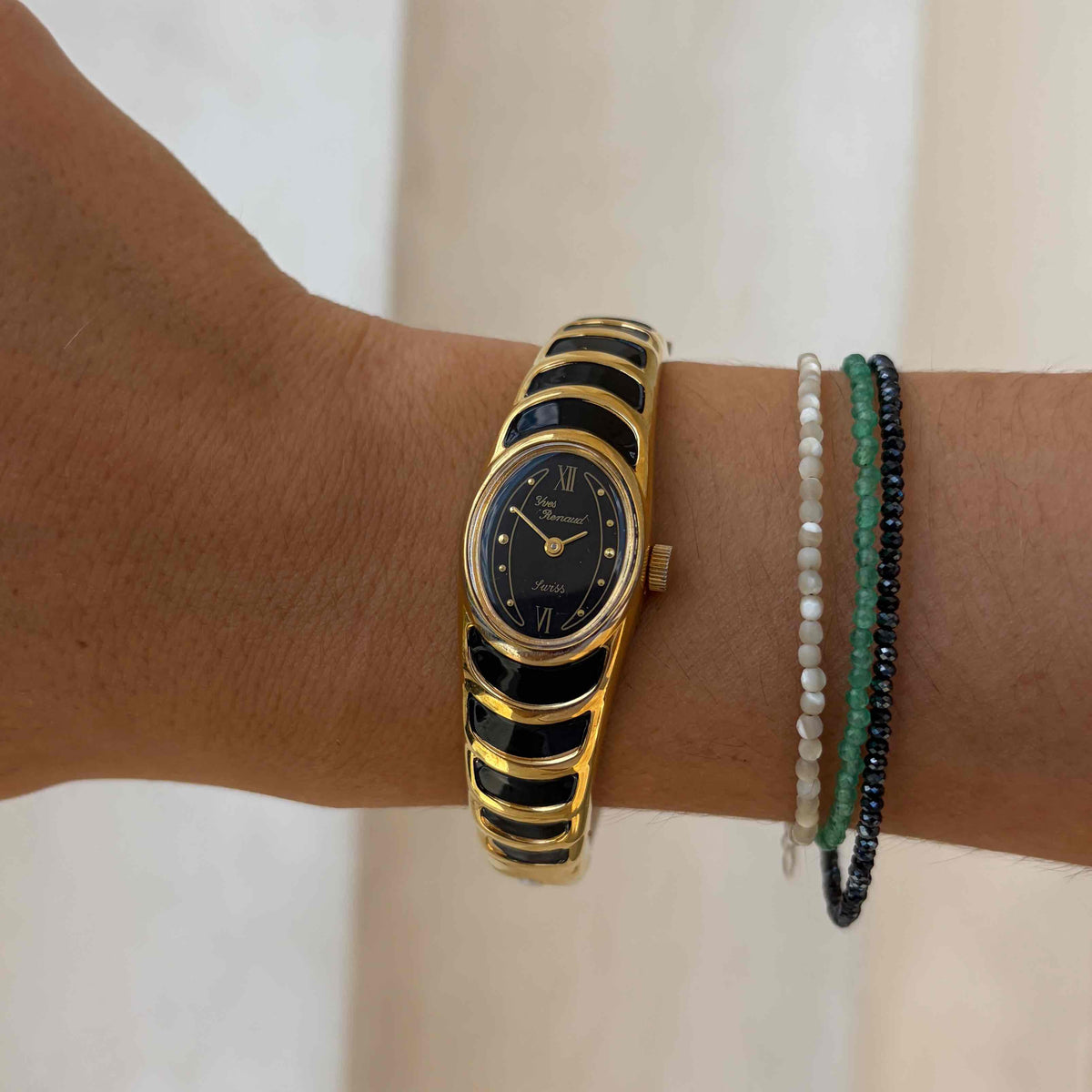 Yves Renaud Bangle Watch: Vintage Ladies 70s Golden with Black Dial