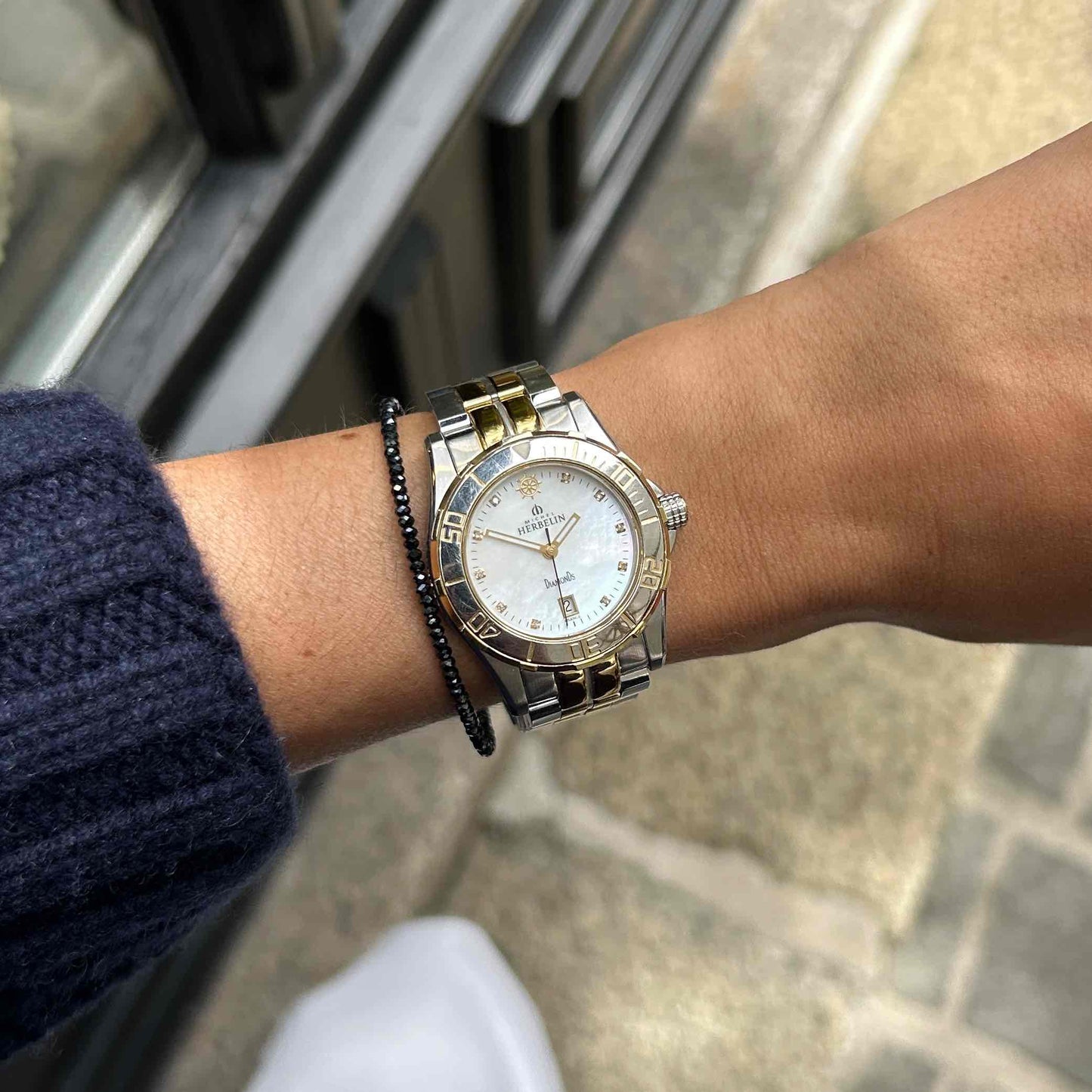 Michel Herbelin Newport: Vintage Ladies 00s Gold Two-Tone Diamond Mother of Pearl Dial