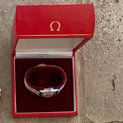 Omega Geneve Dainty: Ladies 70s Silver Automatic Sunburst Dial with Box