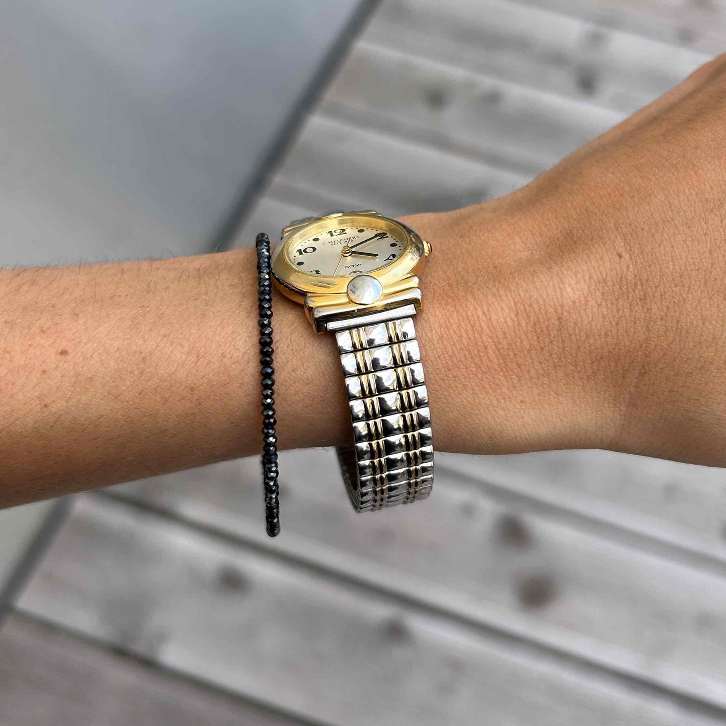 C.Melchers Vintage Watch: Ladies 90s Golden Sunburst Dial Elastic Bracelet