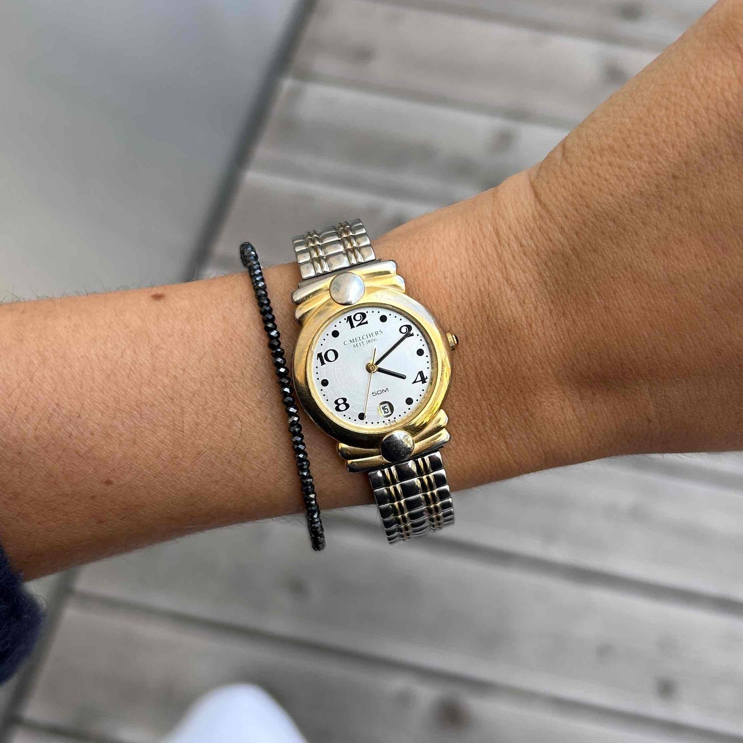 C.Melchers Vintage Watch: Ladies 90s Golden Sunburst Dial Elastic Bracelet