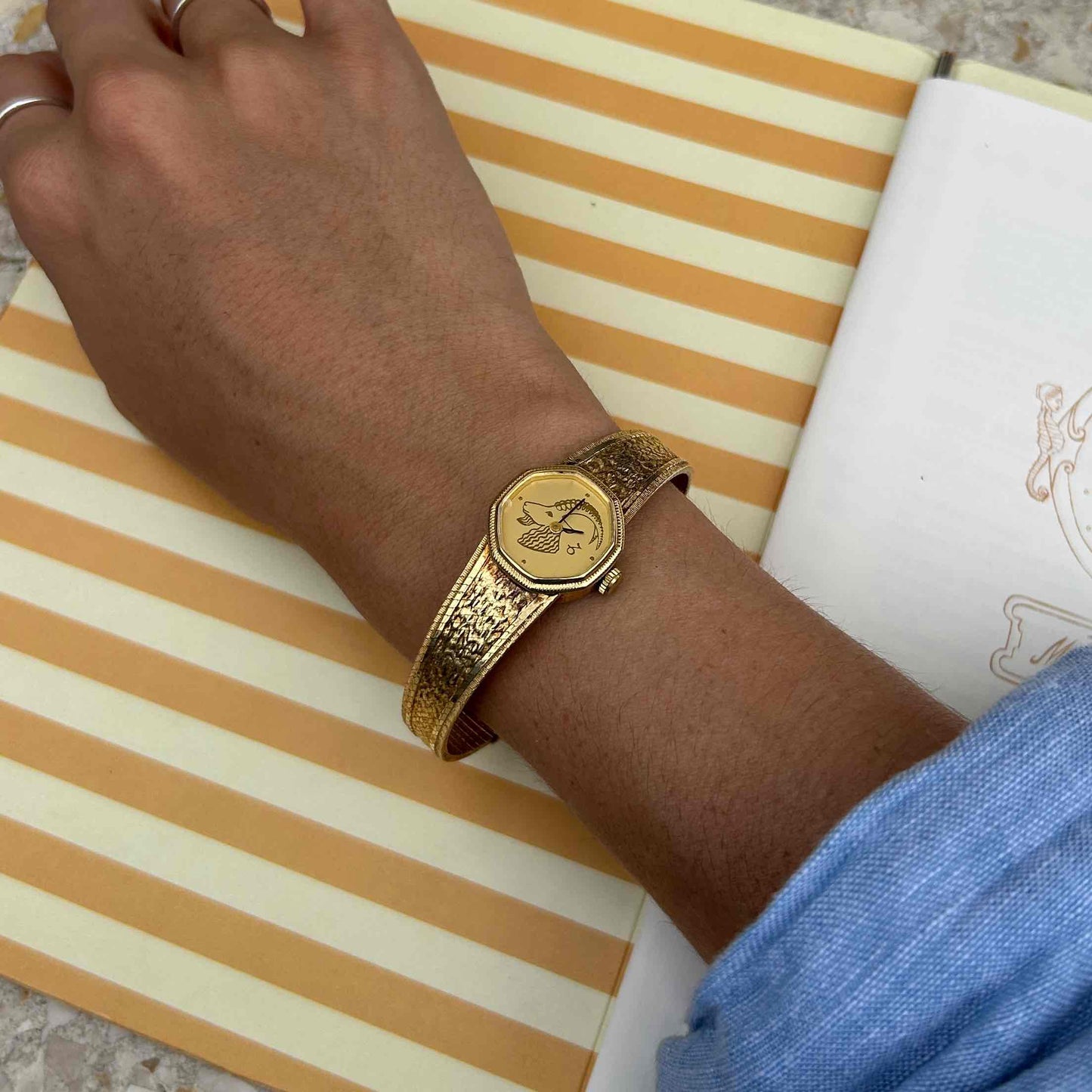 Zodiac Sign Capricorn Watch : Ladies 70s Gold Swiss Made Mechanical White Dial