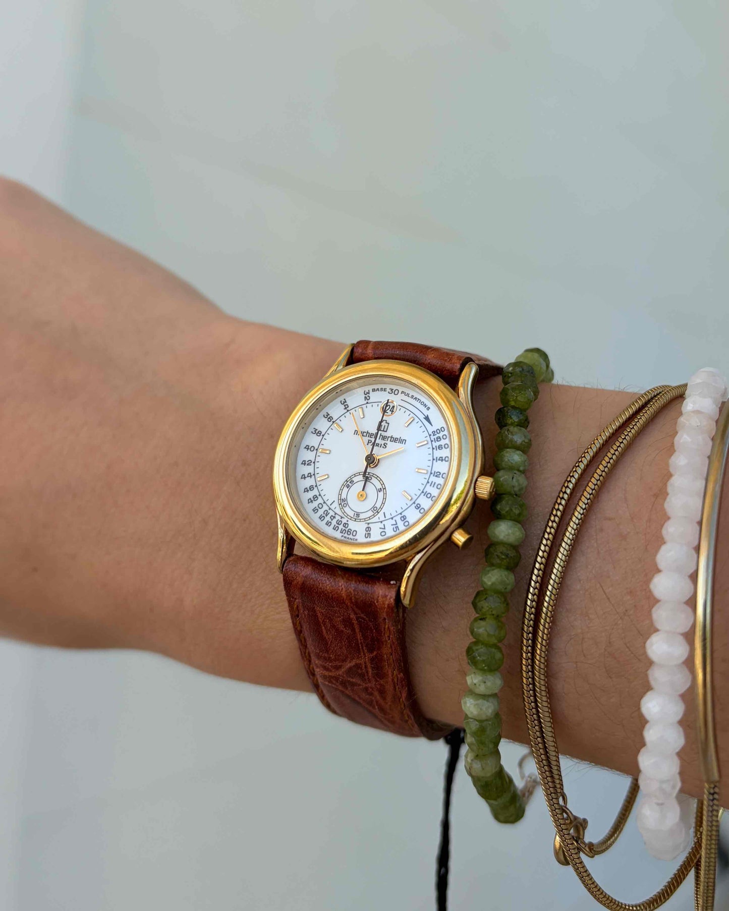 Michel Herbelin Watch: Vintage Ladies 90s Golden White Pulsometer Chronograph - NOS