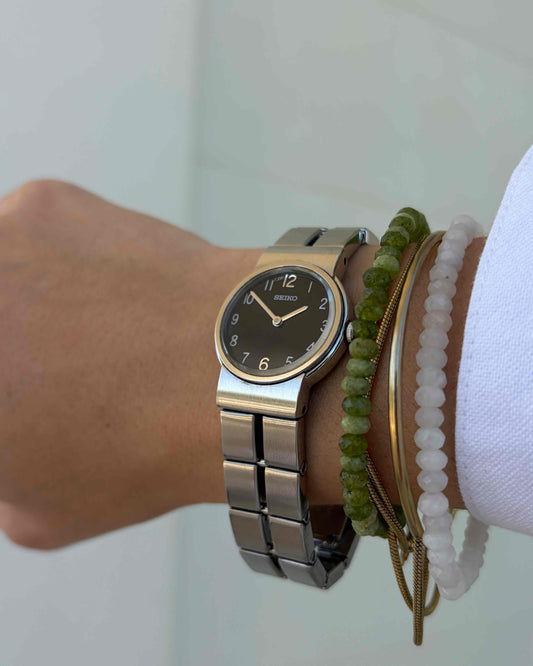 Seiko Vintage Ladies Watch: 90s Silver with Classic Black Arabic Dial with Box