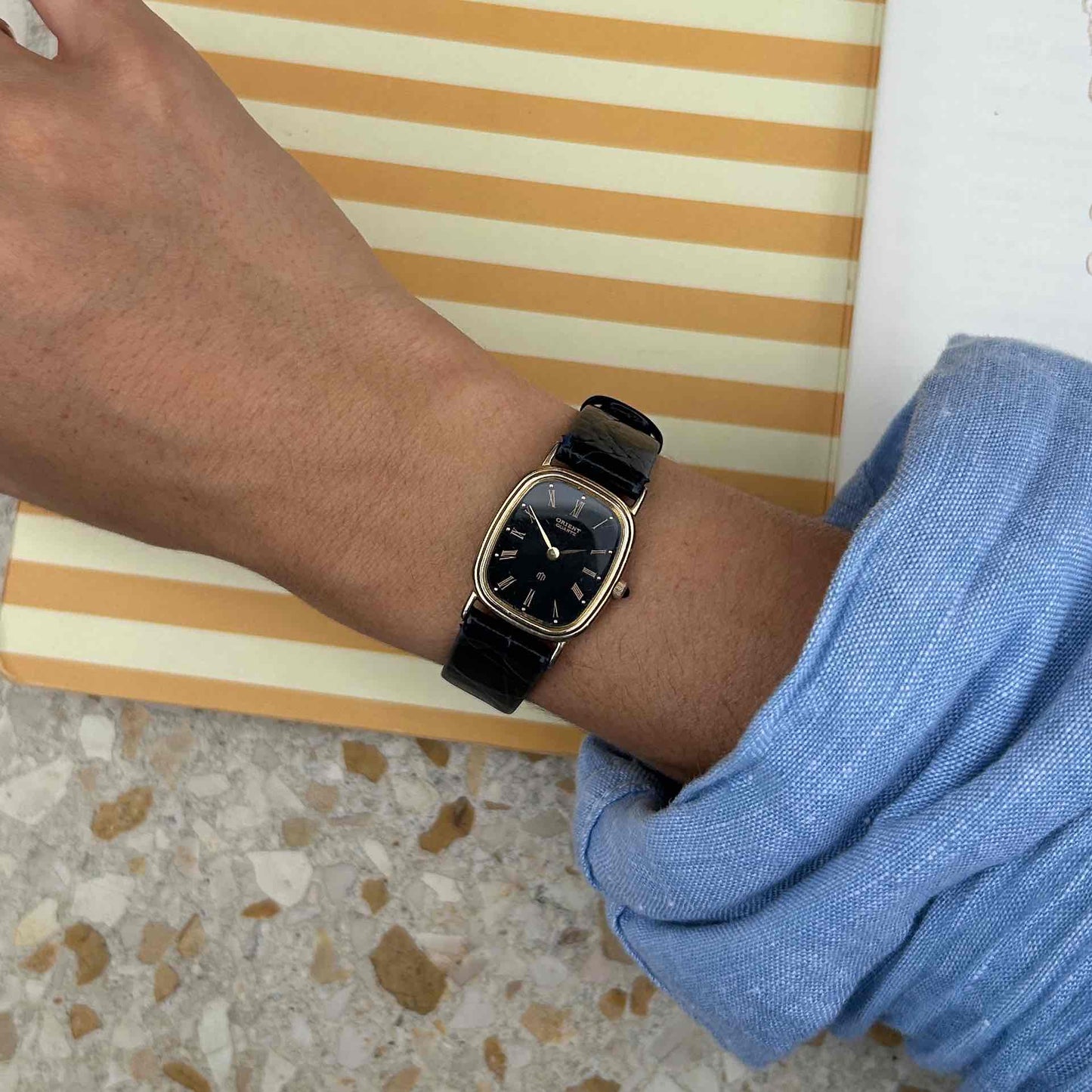 Orient Tank Watch: Ladies 80s Golden Classic Black Roman Dial