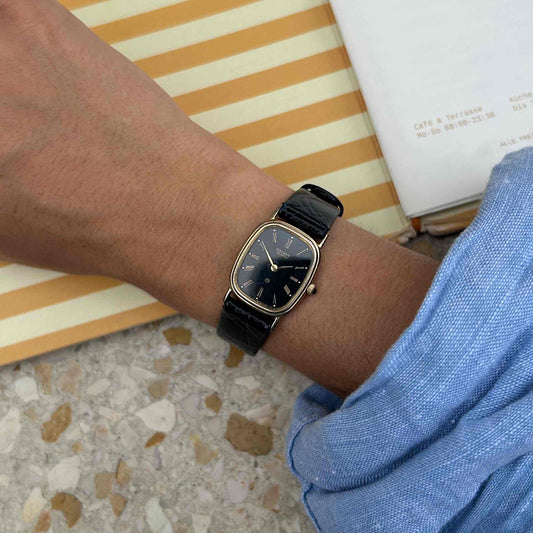 Orient Tank Watch: Ladies 80s Golden Classic Black Roman Dial