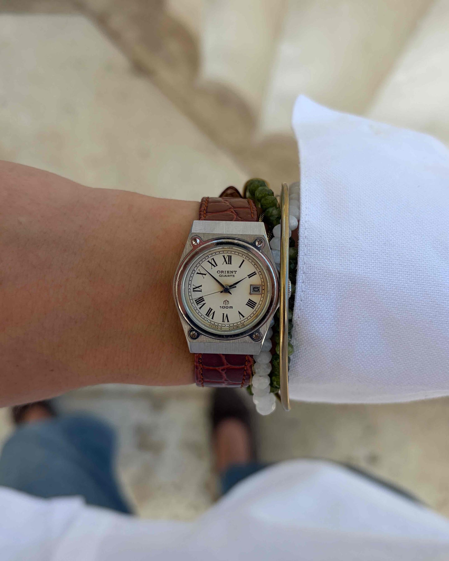 Orient Vintage Watch: Ladies Silver 80s White Roman Dial Leather Strap