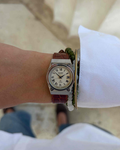 Orient Vintage Watch: Ladies Silver 80s White Roman Dial Leather Strap