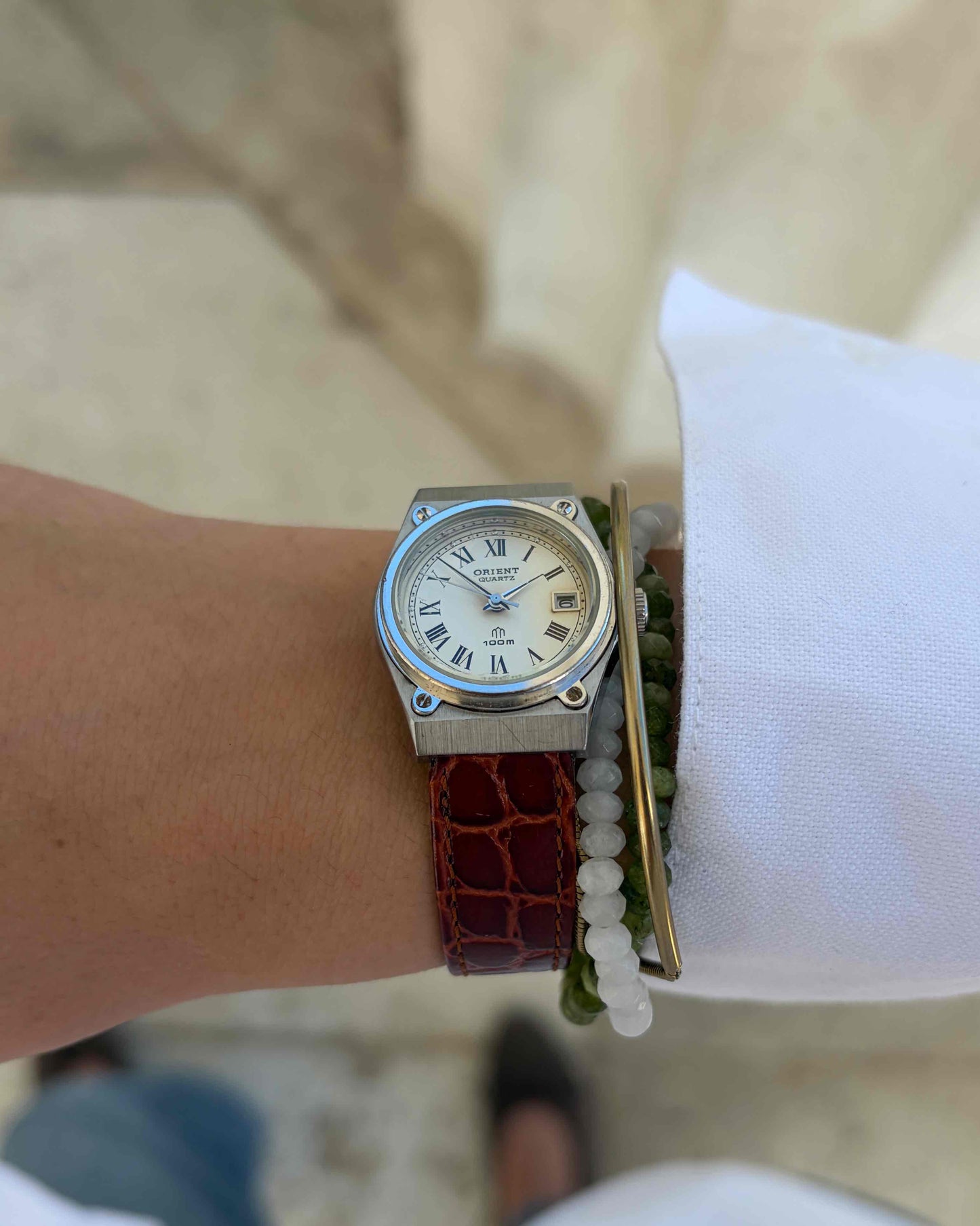 Orient Vintage Watch: Ladies Silver 80s White Roman Dial Leather Strap