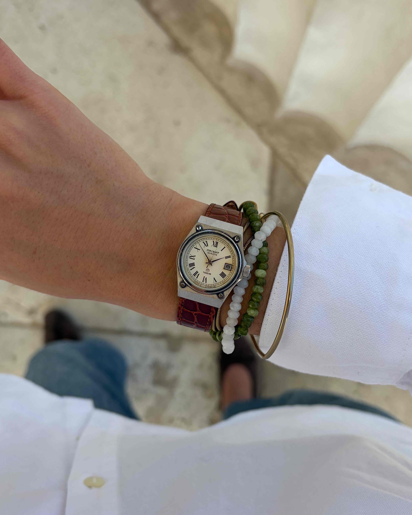 Orient Vintage Watch: Ladies Silver 80s White Roman Dial Leather Strap