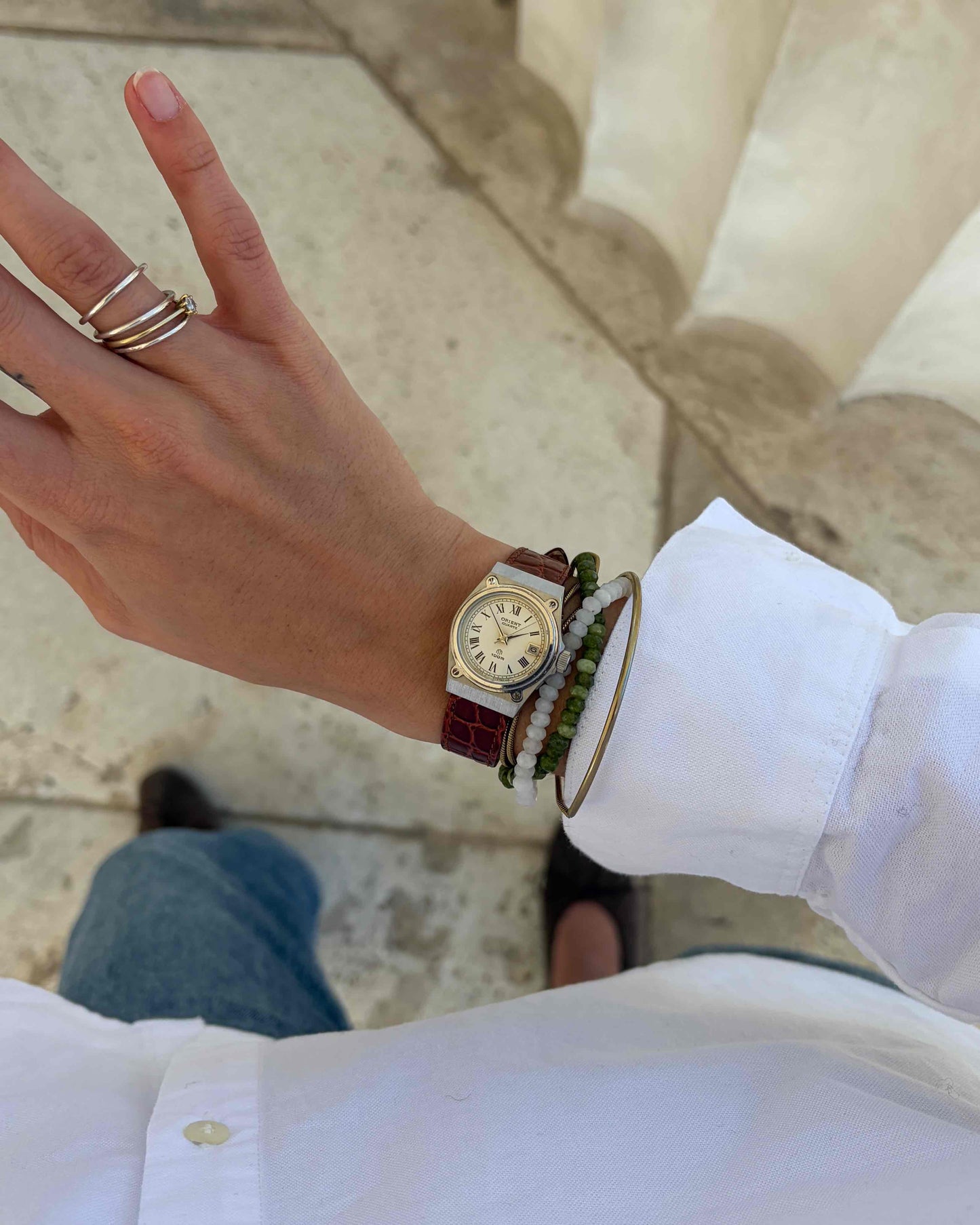 Orient Vintage Watch: Ladies Silver 80s White Roman Dial Leather Strap