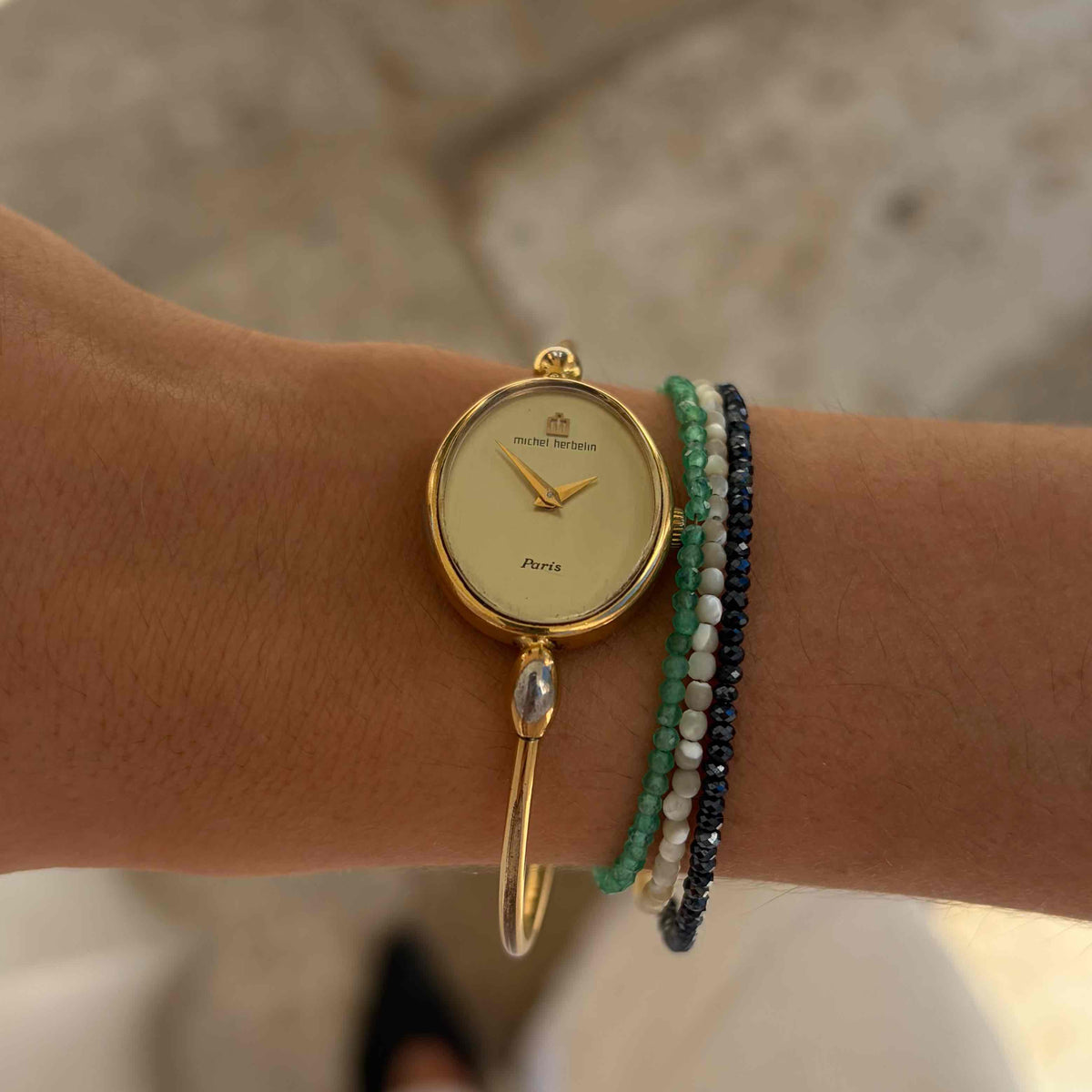 Michel Herbelin Cocktail Watch: Vintage Bangle Ladies 90s Golden Mechanical
