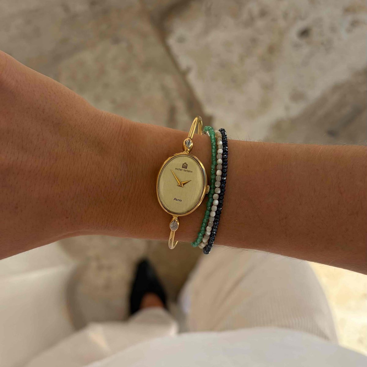 Michel Herbelin Cocktail Watch: Vintage Bangle Ladies 90s Golden Mechanical