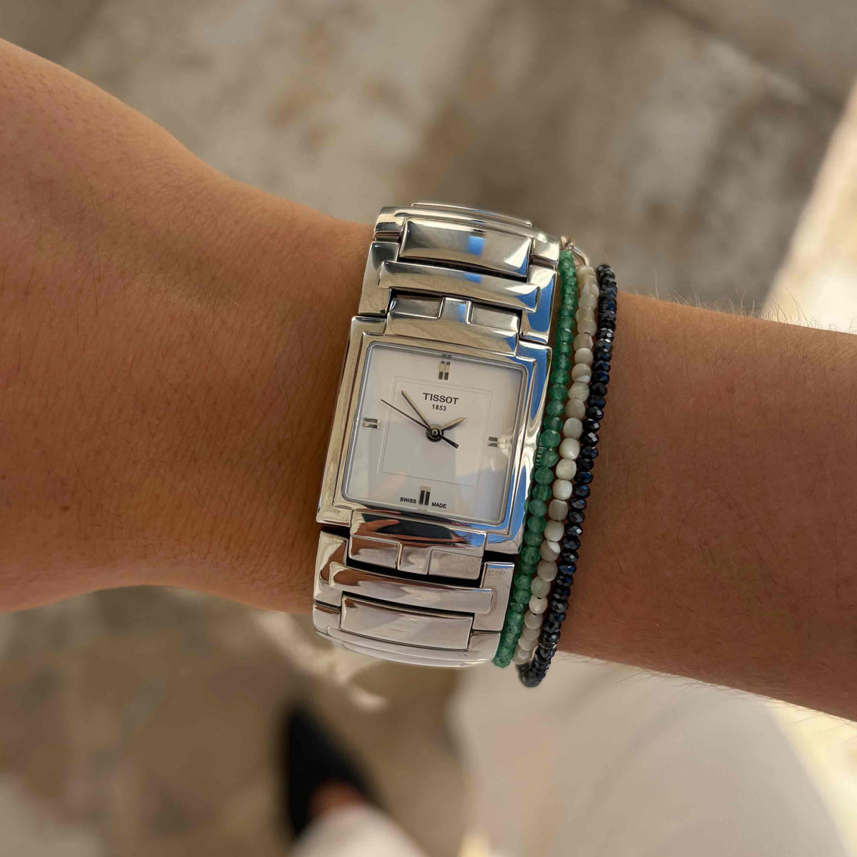 Tissot Tank Watch: Vintage 00s White Dial Integrated Bracelet - NOS
