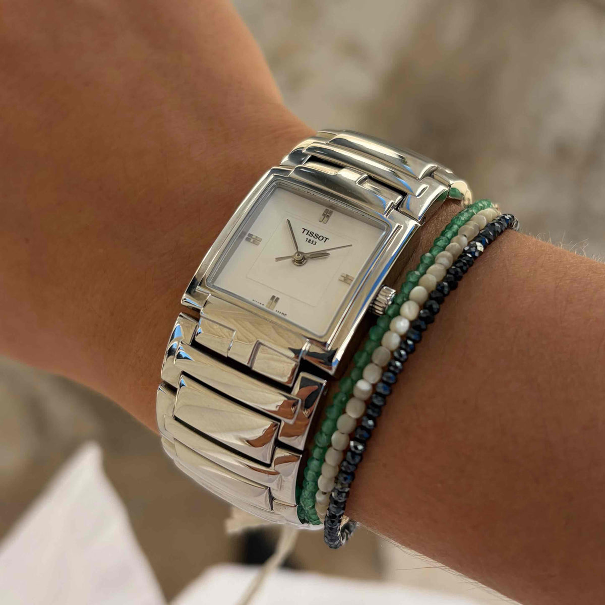 Tissot Tank Watch: Vintage 00s White Dial Integrated Bracelet - NOS