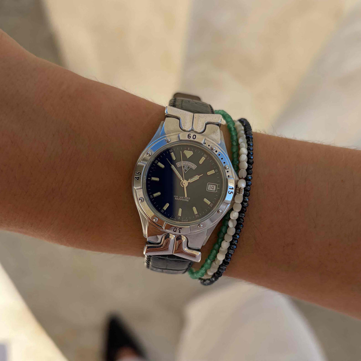 Certina Diver Watch: Ladies 90s Silver Blue Dial with Date - NOS