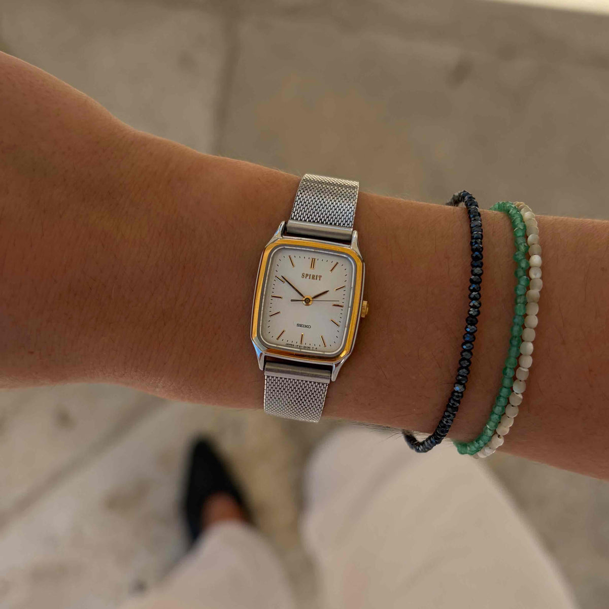 Seiko Spirit Tank: Ladies Vintage Watch 80s White Snowflake Dial Two-Tone
