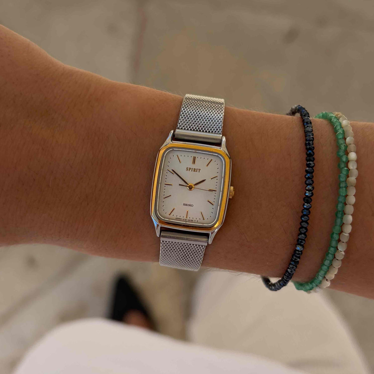 Seiko Spirit Tank: Ladies Vintage Watch 80s White Snowflake Dial Two-Tone