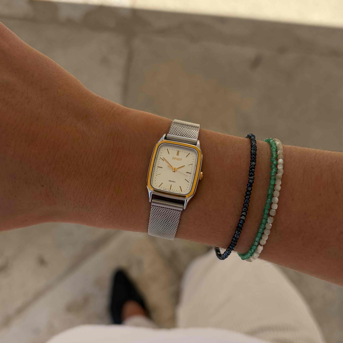 Seiko Spirit Tank: Ladies Vintage Watch 80s White Snowflake Dial Two-Tone
