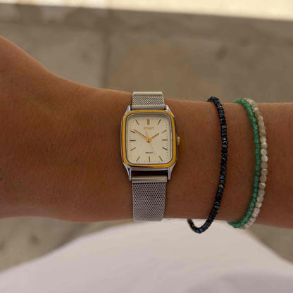 Seiko Spirit Tank: Ladies Vintage Watch 80s White Snowflake Dial Two-Tone