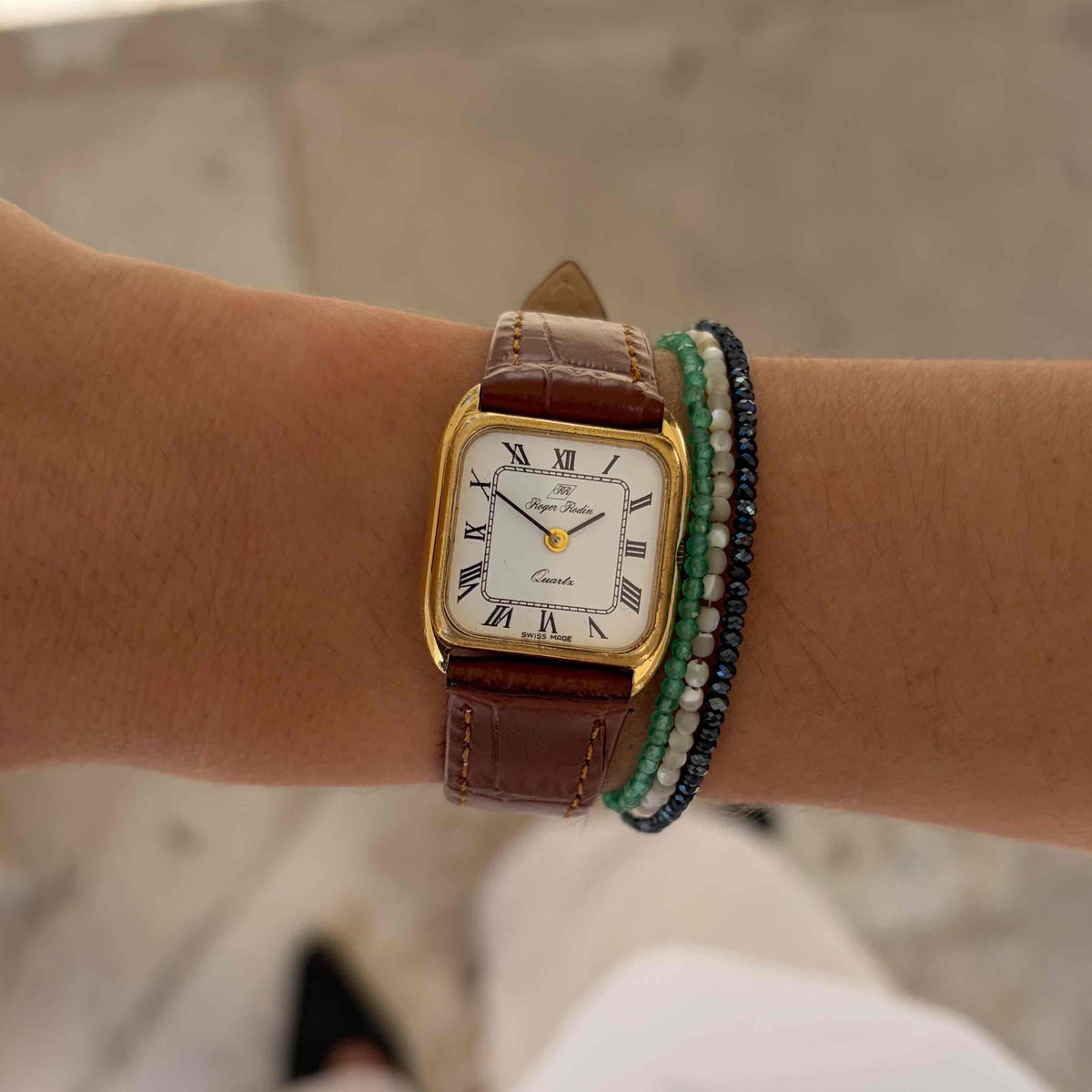 Roger Rodin Tank: Ladies 90s Dainty Gold with White Dial and Cabochon Crown