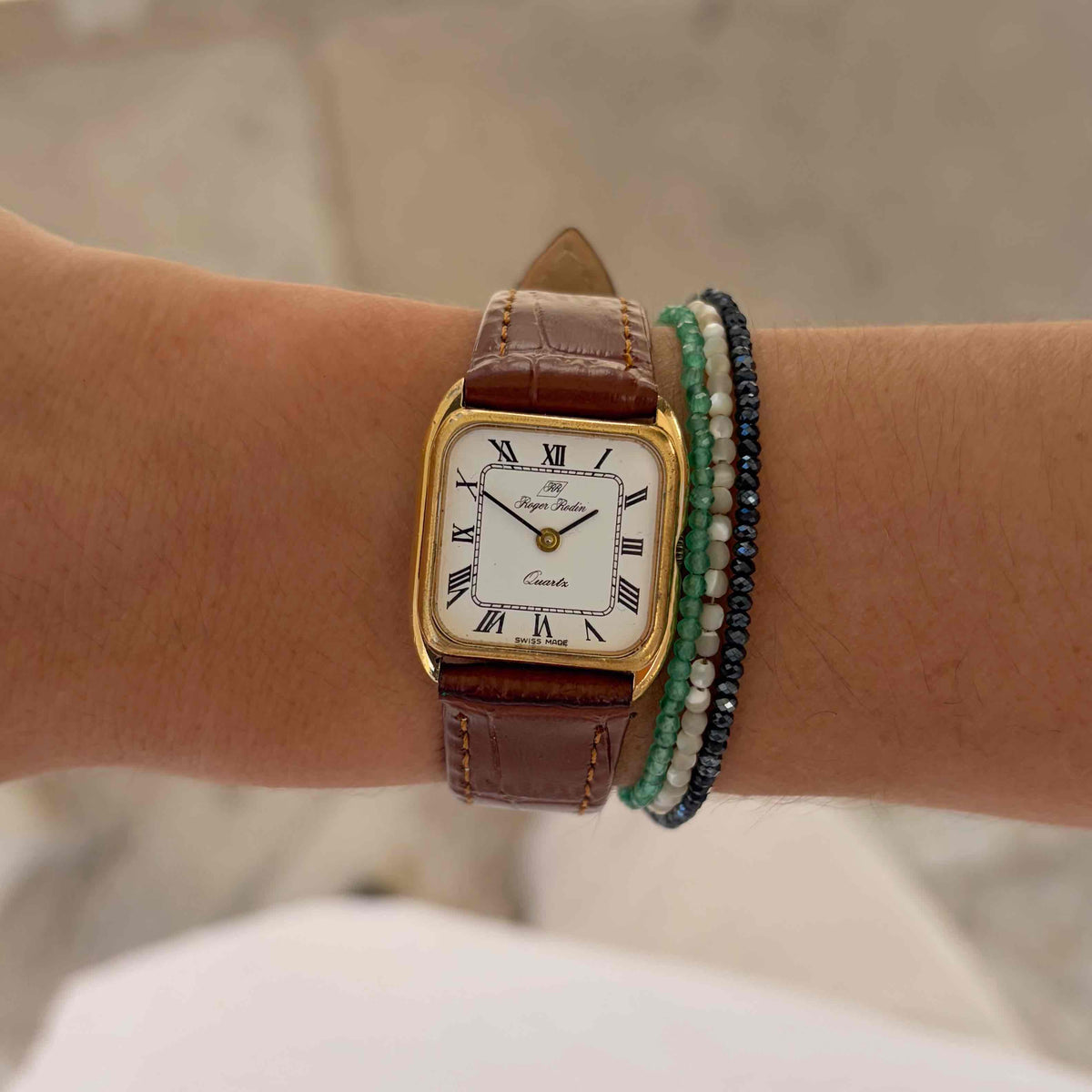 Roger Rodin Tank: Ladies 90s Dainty Gold with White Dial and Cabochon Crown