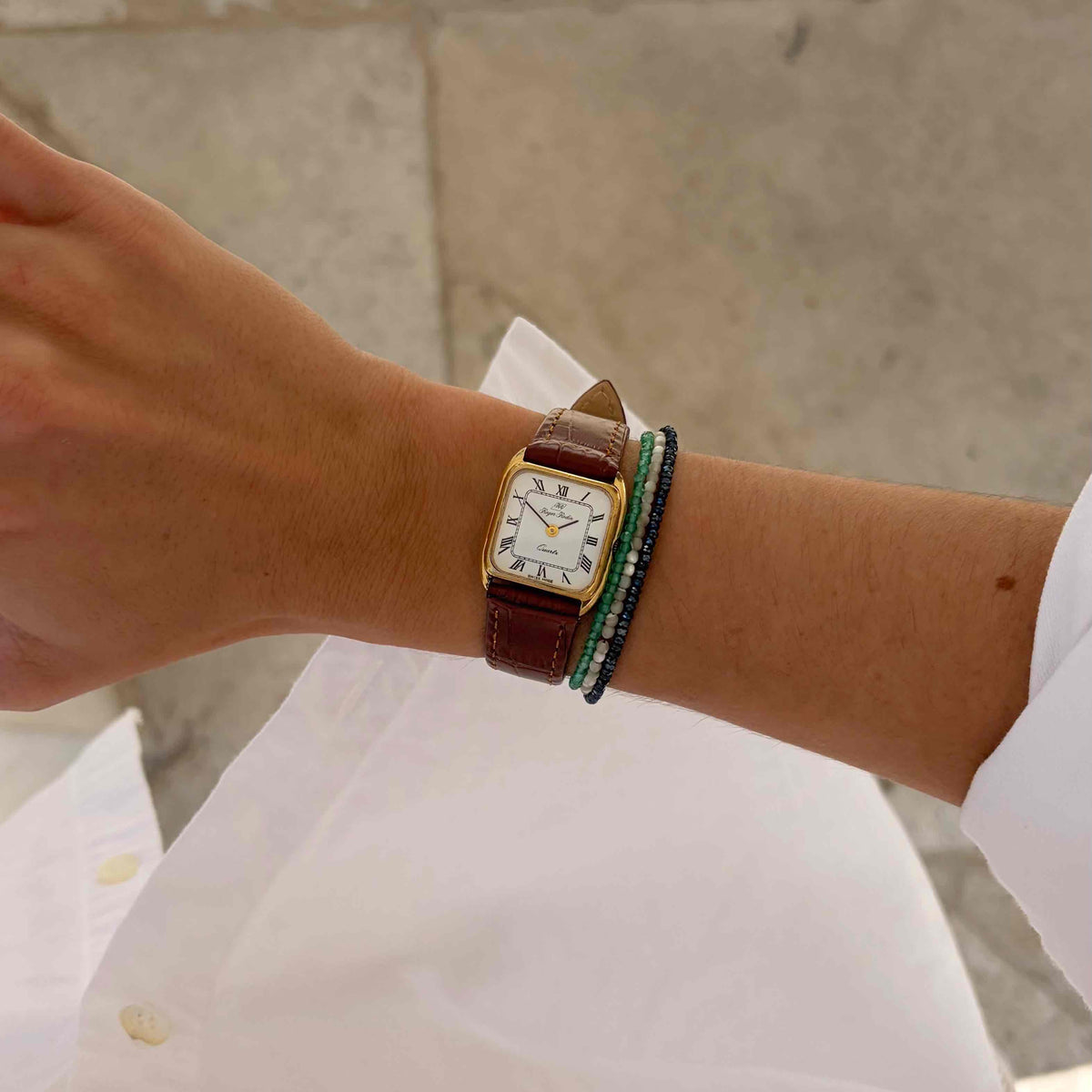 Roger Rodin Tank: Ladies 90s Dainty Gold with White Dial and Cabochon Crown