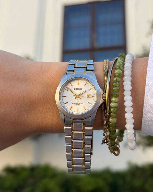 Orient Vintage Watch: Ladies Vintage 90s Light Silver Dial Two-Tone Bracelet