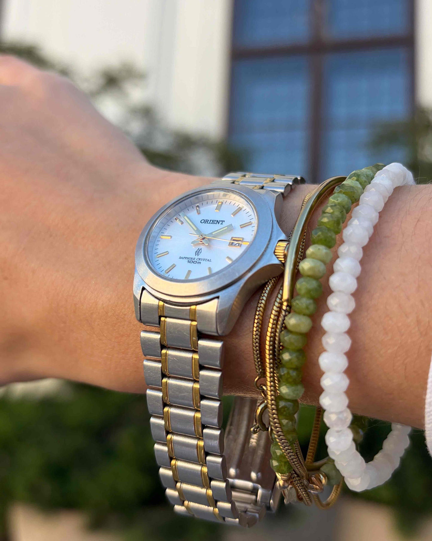 Orient Vintage Watch: Ladies Vintage 90s Light Silver Dial Two-Tone Bracelet