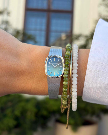 Gamundia Cocktail Watch: Vintage Ladies Silver Mechanical 70s Blue Two-Tone Dial