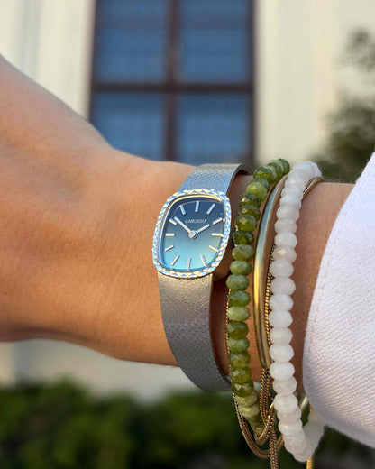 Gamundia Cocktail Watch: Vintage Ladies Silver Mechanical 70s Blue Two-Tone Dial