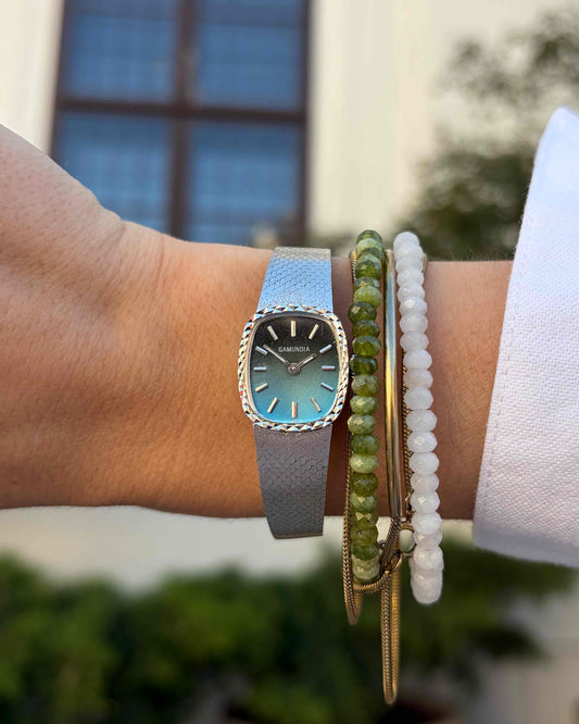 Gamundia Cocktail Watch: Vintage Ladies Silver Mechanical 70s Blue Two-Tone Dial