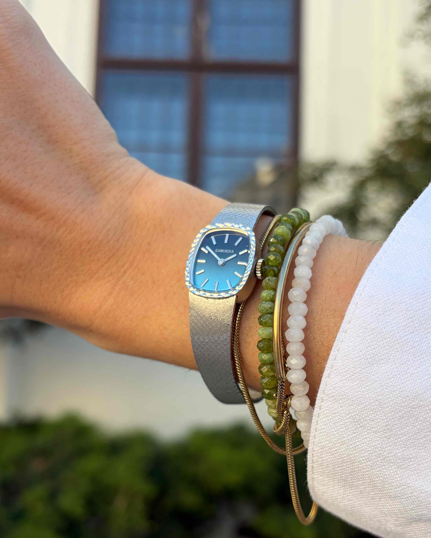 Gamundia Cocktail Watch: Vintage Ladies Silver Mechanical 70s Blue Two-Tone Dial