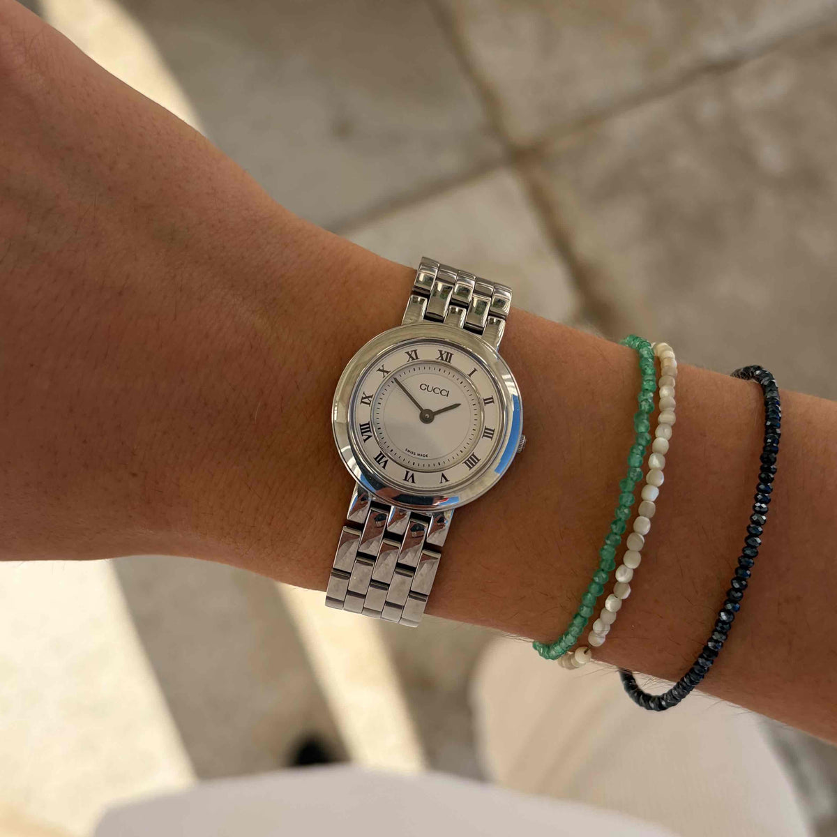 Gucci 546p Watch: Vintage Ladies 90s Silver with Classic Roman Numerals