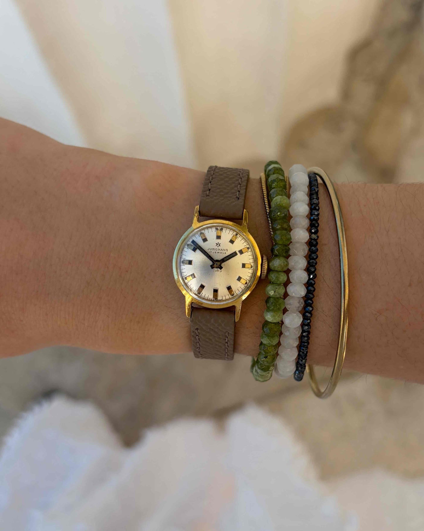 Junghans Ladies Watch: Vintage Dainty 70s Gold White Sunburst Dial Mechanical