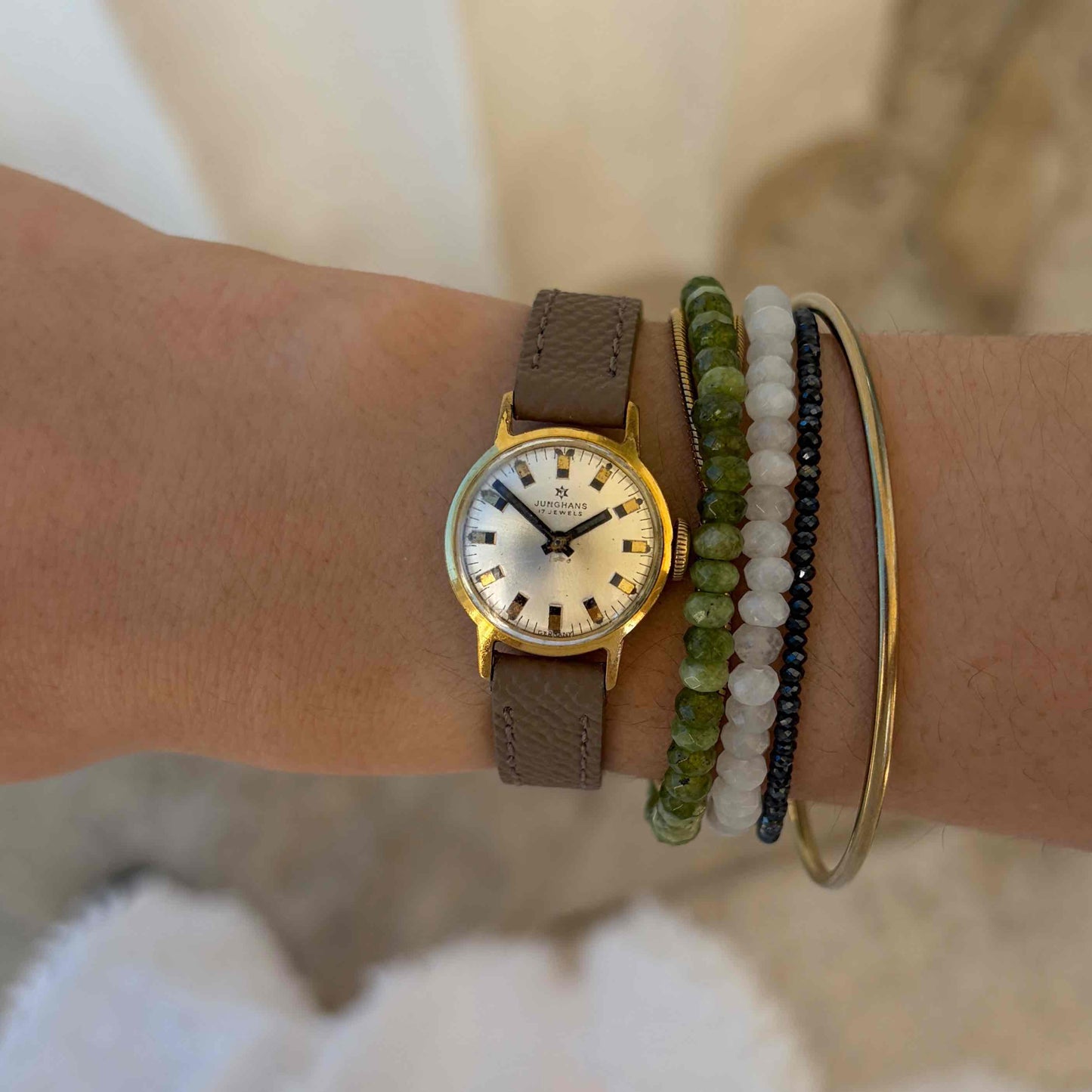 Junghans Ladies Watch: Vintage Dainty 70s Gold White Sunburst Dial Mechanical