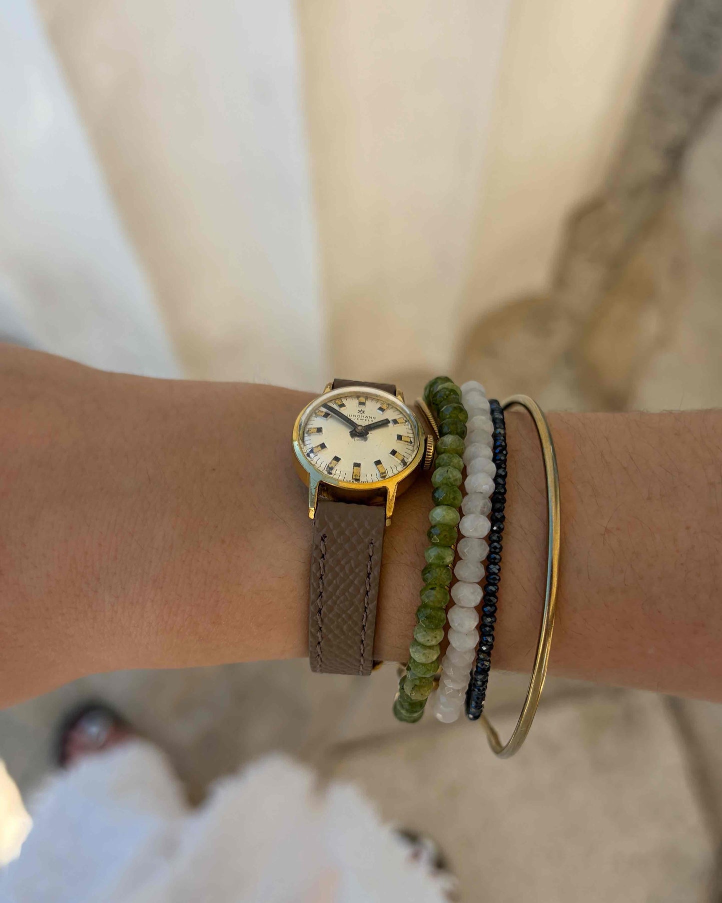 Junghans Ladies Watch: Vintage Dainty 70s Gold White Sunburst Dial Mechanical