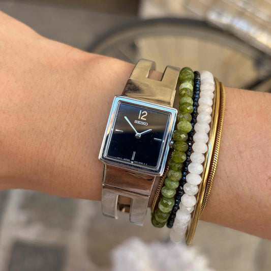 Seiko Vintage Watch: 90s Silver Black Dial Integrated Bracelet