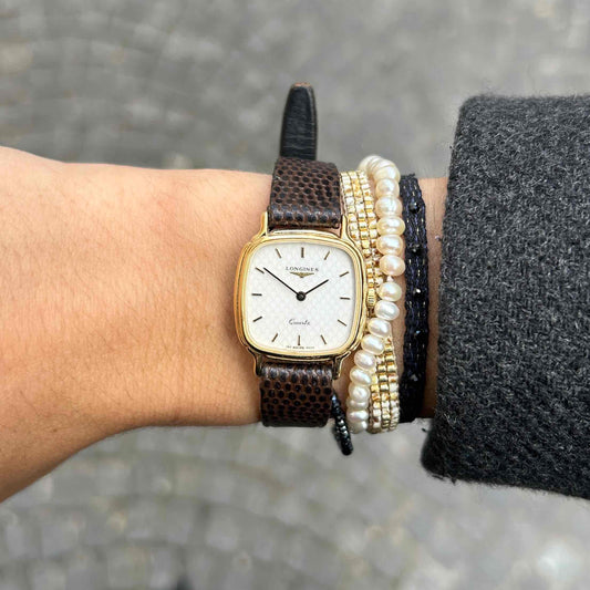 Longines Vintage Watch: Ladies 80s Gold Structured White Dial with Box