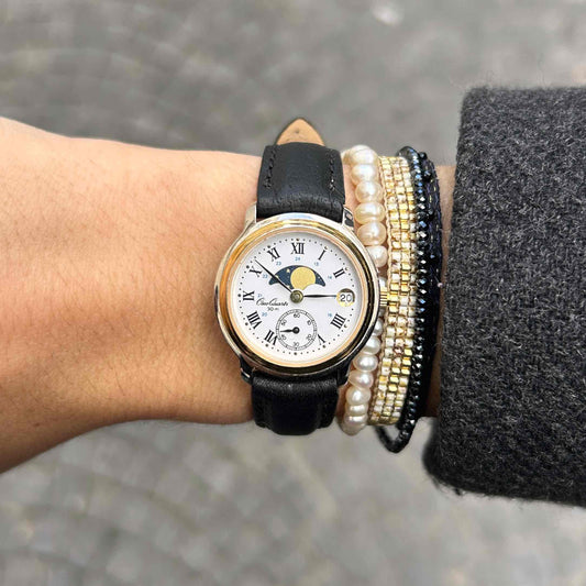 Osco Moon Phase Watch: Ladies 90s Gold with Roman Numerals Blue White Dial