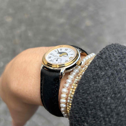 Osco Moon Phase Watch: Ladies 90s Gold with Roman Numerals Blue White Dial