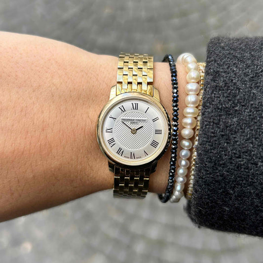Frederique Constant Classic: Dainty Ladies 90s Golden with White Structured Dial
