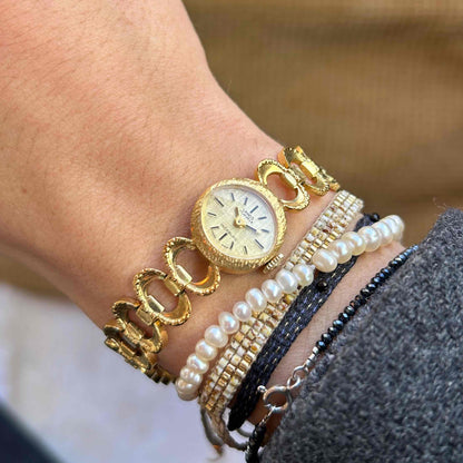 Lanco Cocktail Watch: Mid-Century Ladies 60s Mechanical Gold Linen Dial