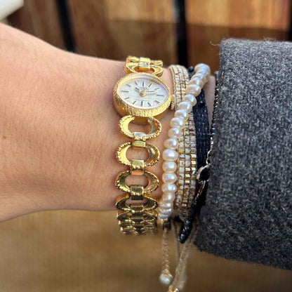 Lanco Cocktail Watch: Mid-Century Ladies 60s Mechanical Gold Linen Dial